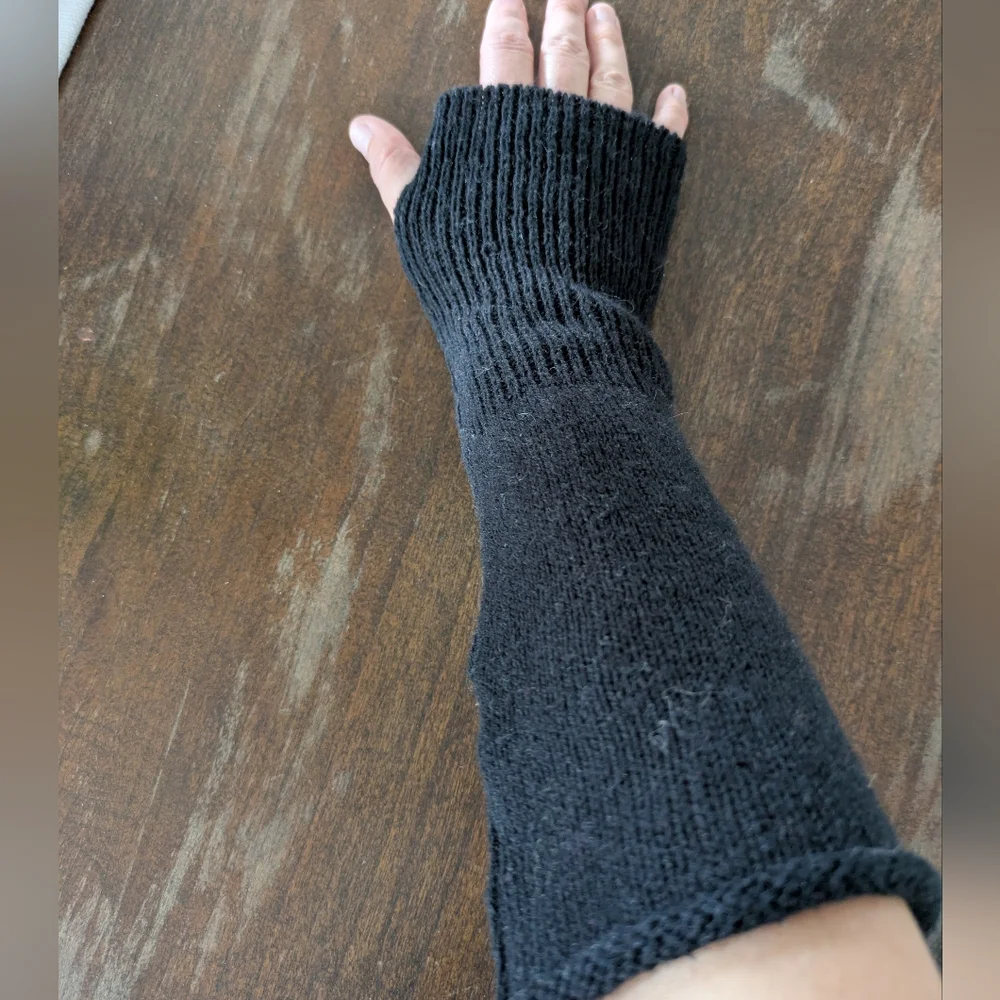 Black Knit Gloves Fingerless Long Wrist Winter Arm Warmer‎ Mitten Cozy Divided